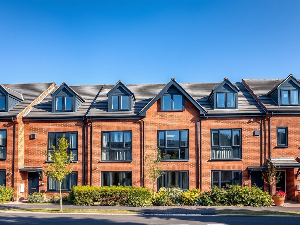 A modern row of residential houses with red brick facades and large windows, surrounded by greenery and blue sky.